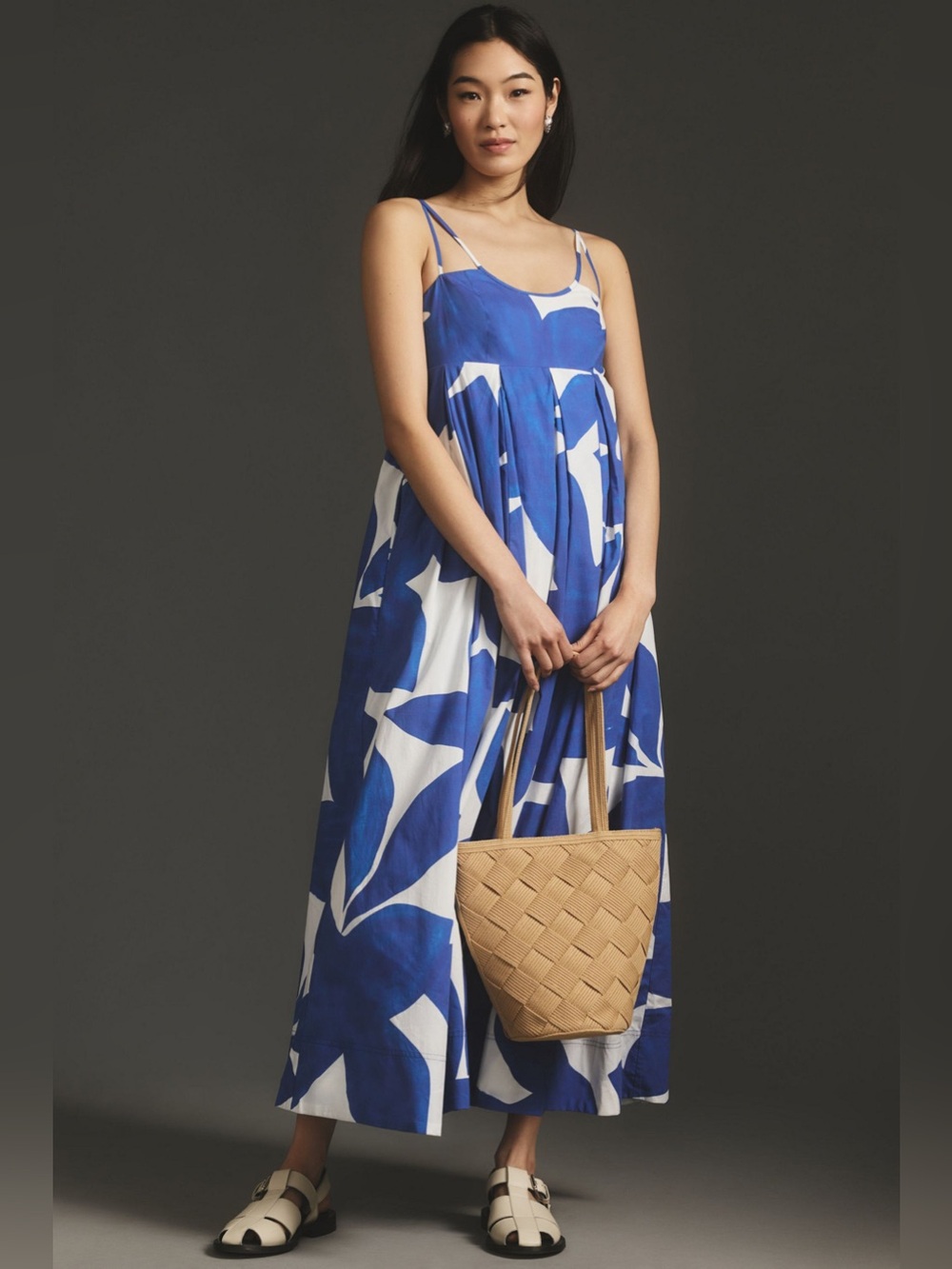 ANTHROPOLOGIE  Sleeveless Babydoll Midi Dress Blue & White Sz: S (BROKEN ZIPPER)